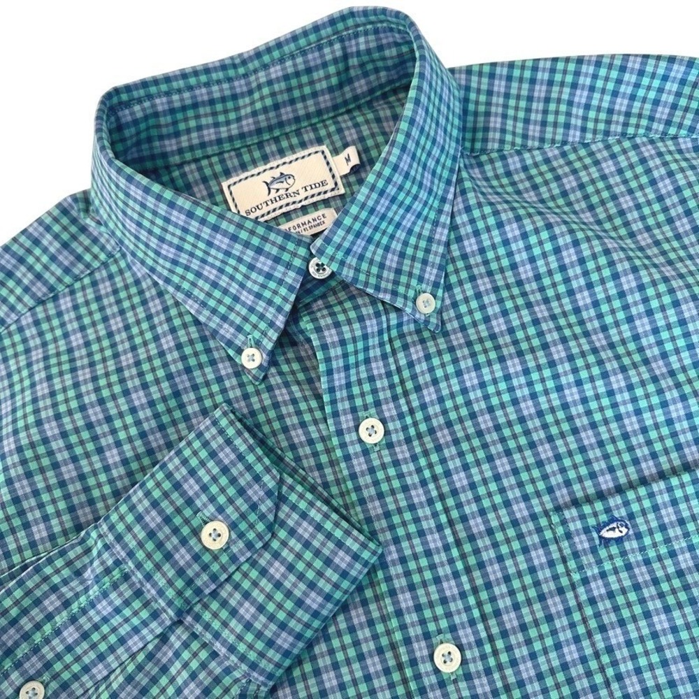 Southern Tide Performance Button Down Blue Green Purple Long Sleeve Gingham